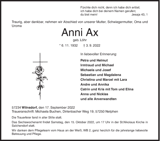 Traueranzeige von Anni Ax von Siegener Zeitung