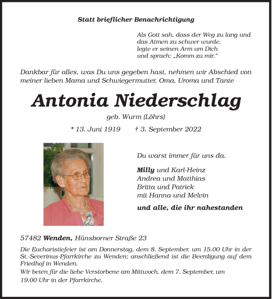 Traueranzeige von Antonia Niederschlag von Siegener Zeitung