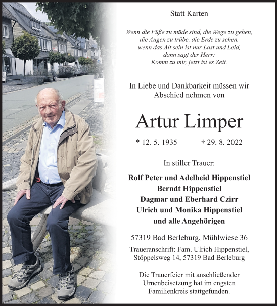Traueranzeige von Artur Limper von Siegener Zeitung