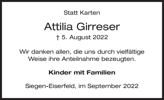 Traueranzeige von Attilia Girreser von Siegener Zeitung