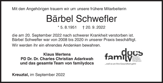 Traueranzeige von Bärbel Schwefler von Siegener Zeitung