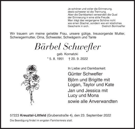 Traueranzeige von Bärbel Schwefler von Siegener Zeitung