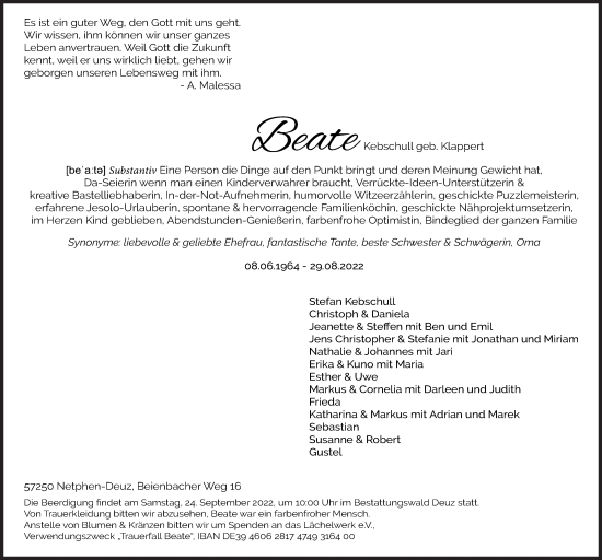 Traueranzeige von Beate Kebschull von Siegener Zeitung