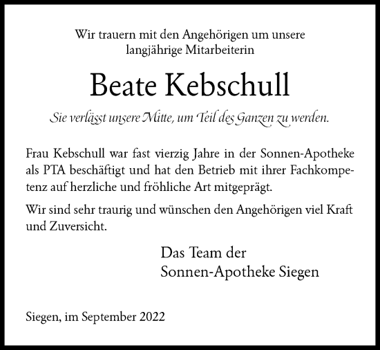 Traueranzeige von Beate Kebschull von Siegener Zeitung