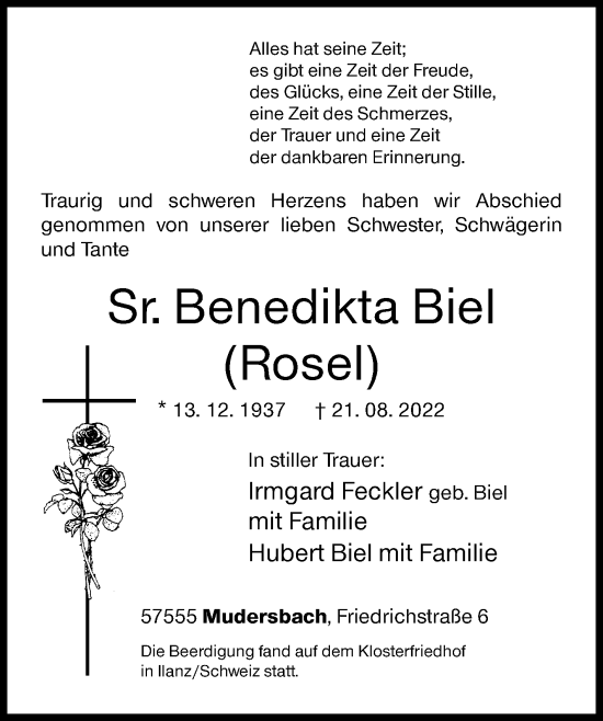 Traueranzeige von Benedikta Biel von Siegener Zeitung