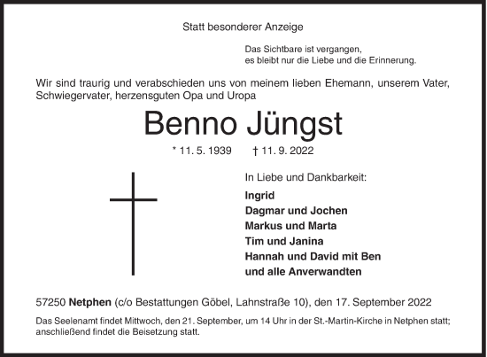 Traueranzeige von Benno Jüngst von Siegener Zeitung