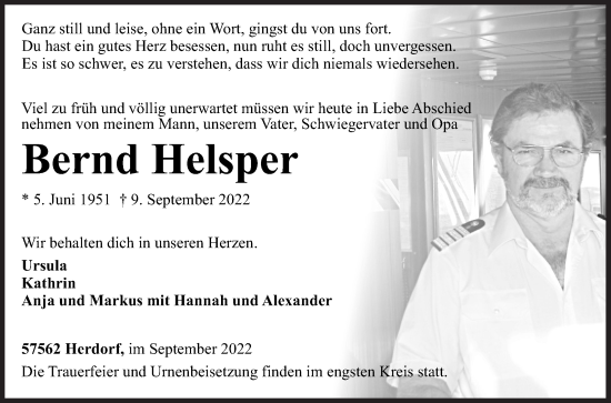 Traueranzeige von Bernd Helsper von Siegener Zeitung