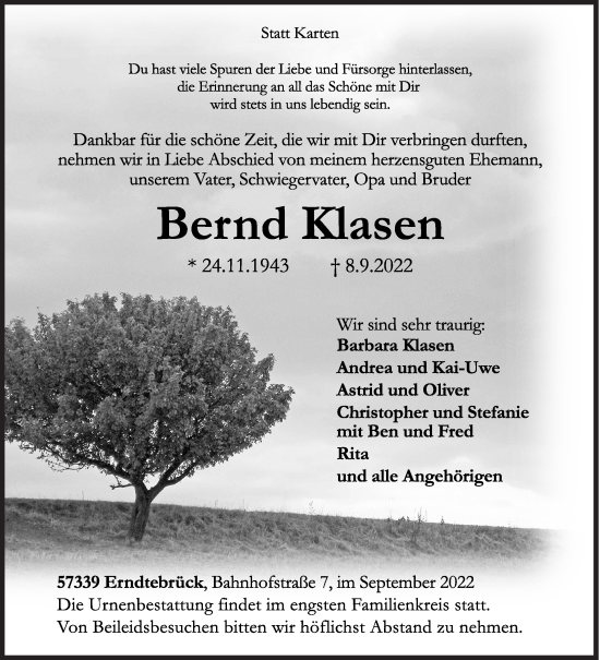 Traueranzeige von Bernd Klasen von Siegener Zeitung