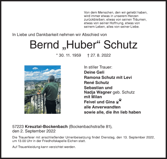 Traueranzeige von Bernd Schutz von Siegener Zeitung