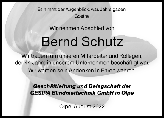 Traueranzeige von Bernd Schutz von Siegener Zeitung