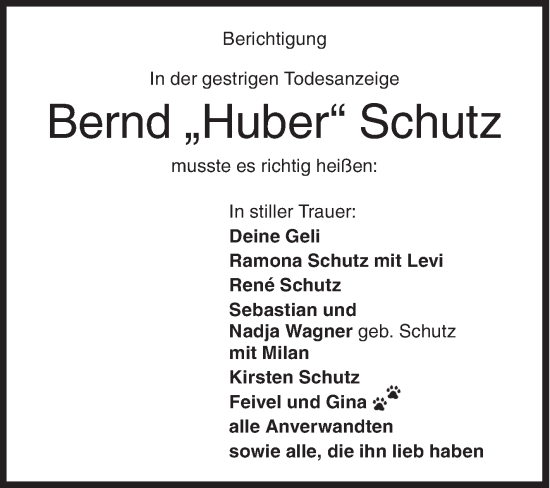 Traueranzeige von Bernd Huber Schutz von Siegener Zeitung