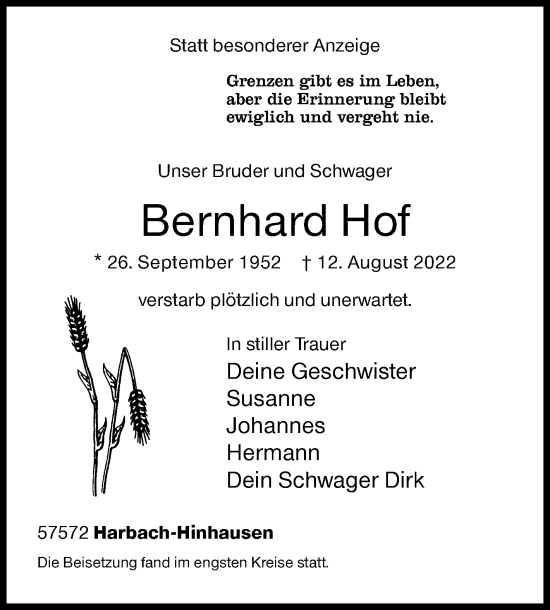 Traueranzeige von Bernhard Hof von Siegener Zeitung