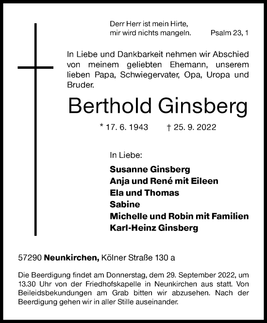 Traueranzeige von Berthold Ginsberg von Siegener Zeitung
