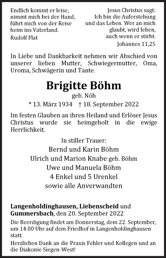 Traueranzeige von Brigitte Böhm von Siegener Zeitung