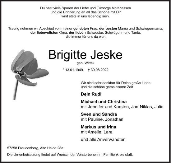 Traueranzeige von Brigitte Jeske von Siegener Zeitung