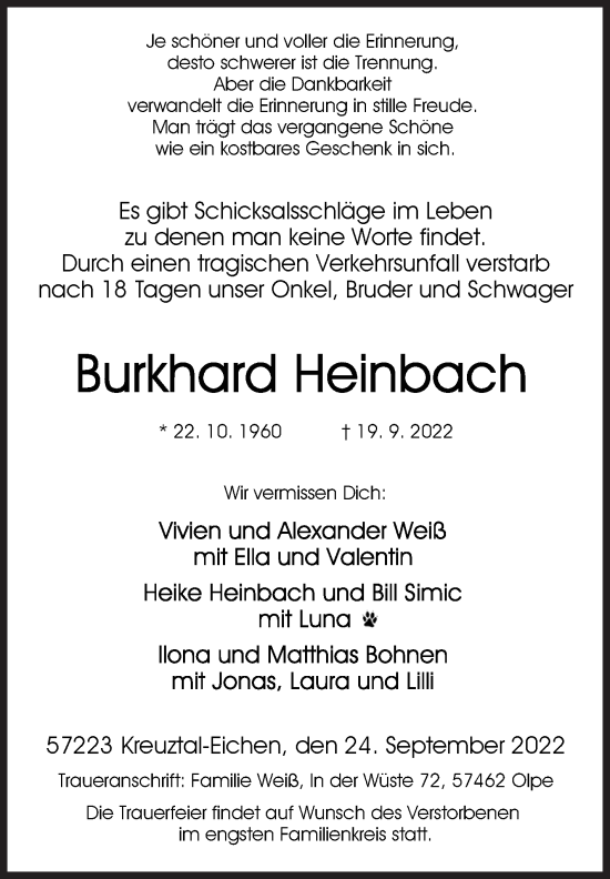 Traueranzeige von Burkhard Heinbach von Siegener Zeitung