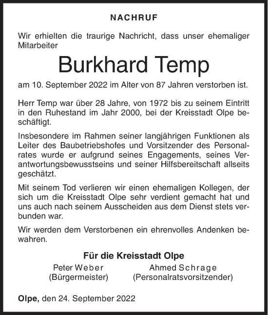 Traueranzeige von Burkhard Temp von Siegener Zeitung