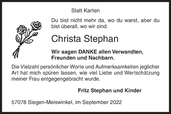 Traueranzeige von Christa Stephan von Siegener Zeitung