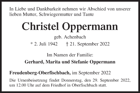Traueranzeige von Christel Oppermann von Siegener Zeitung