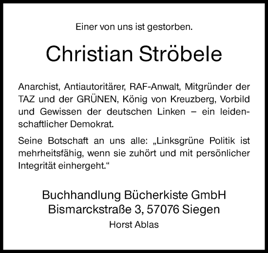 Traueranzeige von Christian Ströbele von Siegener Zeitung