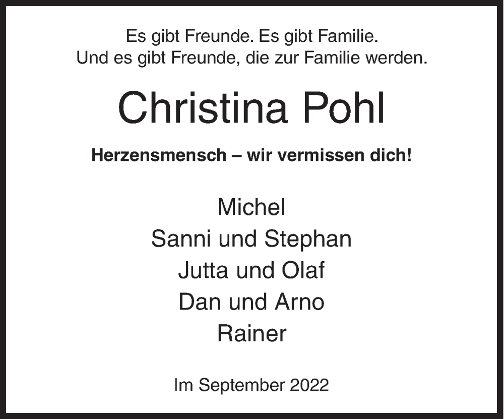  Traueranzeige für Christina Pohl vom 24.09.2022 aus Siegener Zeitung