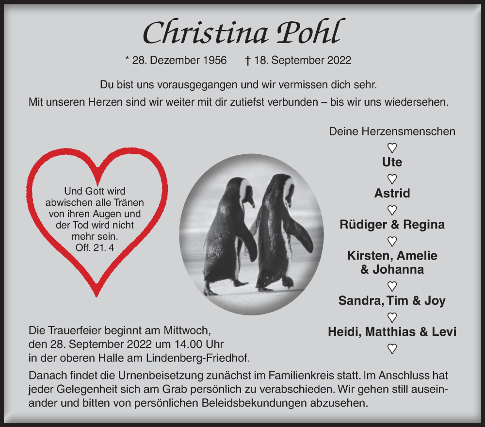  Traueranzeige für Christina Pohl vom 24.09.2022 aus Siegener Zeitung