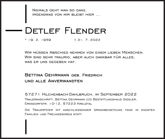Traueranzeige von Detlef Flender von Siegener Zeitung