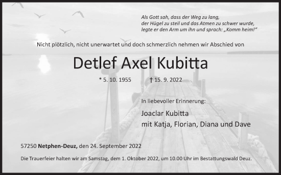 Traueranzeige von Detlef Axel Kubitta von Siegener Zeitung