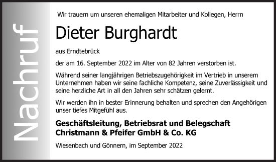 Traueranzeige von Dieter Burghardt von Siegener Zeitung