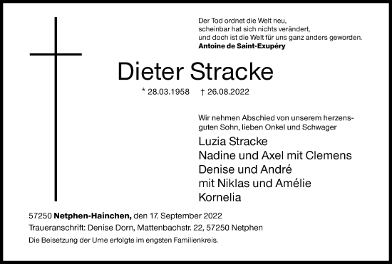 Traueranzeige von Dieter Stracke von Siegener Zeitung