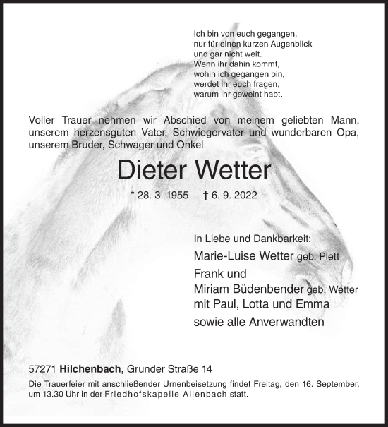 Traueranzeige von Dieter Wette von Siegener Zeitung