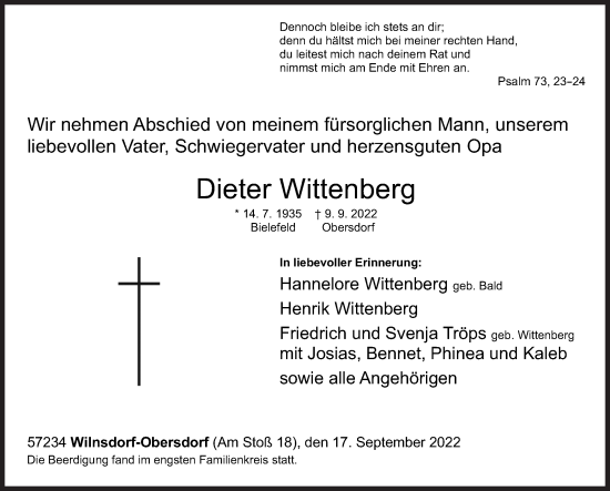 Traueranzeige von Dieter Wittenberg von Siegener Zeitung