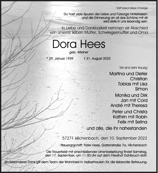 Traueranzeige von Dora Hees von Siegener Zeitung