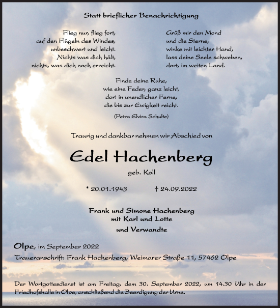 Traueranzeige von Edel Hachenberg von Siegener Zeitung