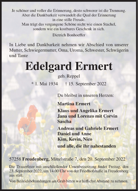 Traueranzeige von Edelgard Ermert von Siegener Zeitung