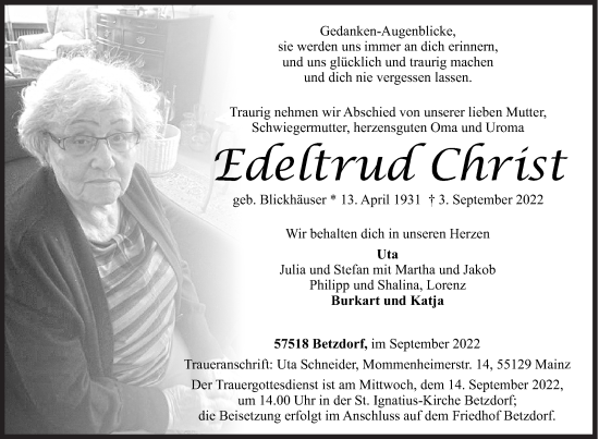 Traueranzeige von Edeltrud Christ von Siegener Zeitung