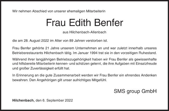 Traueranzeige von Edith Benfer von Siegener Zeitung