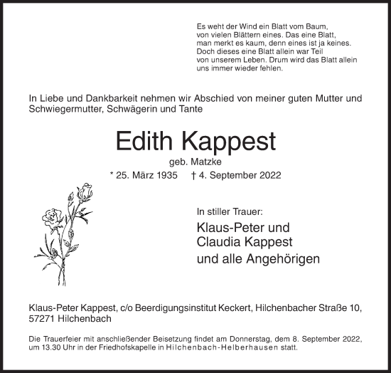 Traueranzeige von Edith Kappest von Siegener Zeitung