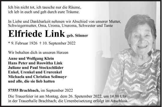 Traueranzeige von Elfriede Link von Siegener Zeitung