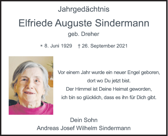 Traueranzeige von Elfriede Auguste Sindermann von Siegener Zeitung