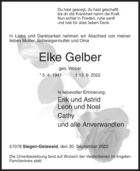 Traueranzeige von Elke Gelber von Siegener Zeitung