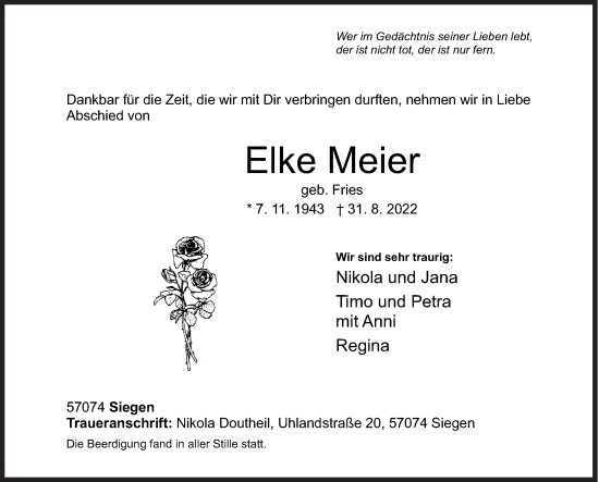 Traueranzeige von Elke Meier von Siegener Zeitung