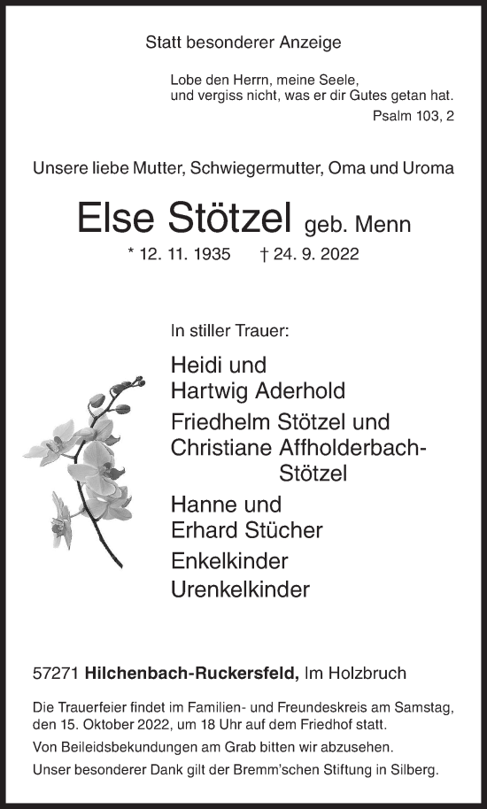 Traueranzeige von Else Stötzel von Siegener Zeitung