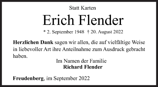 Traueranzeige von Erich Flender von Siegener Zeitung