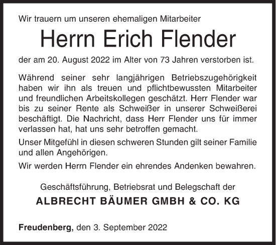 Traueranzeige von Erich Flender von Siegener Zeitung