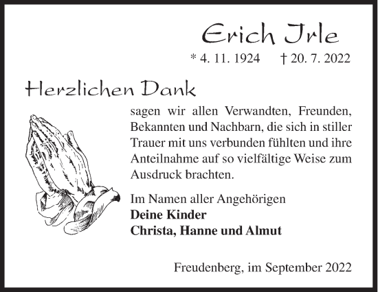 Traueranzeige von Erich Irle von Siegener Zeitung