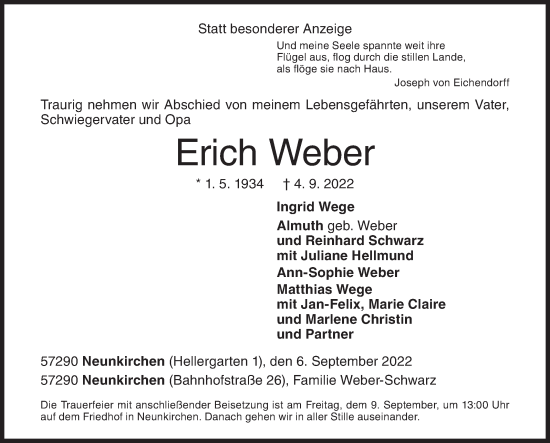 Traueranzeige von Erich Weber von Siegener Zeitung