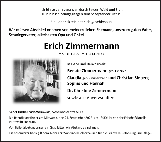 Traueranzeige von Erich Zimmermann von Siegener Zeitung