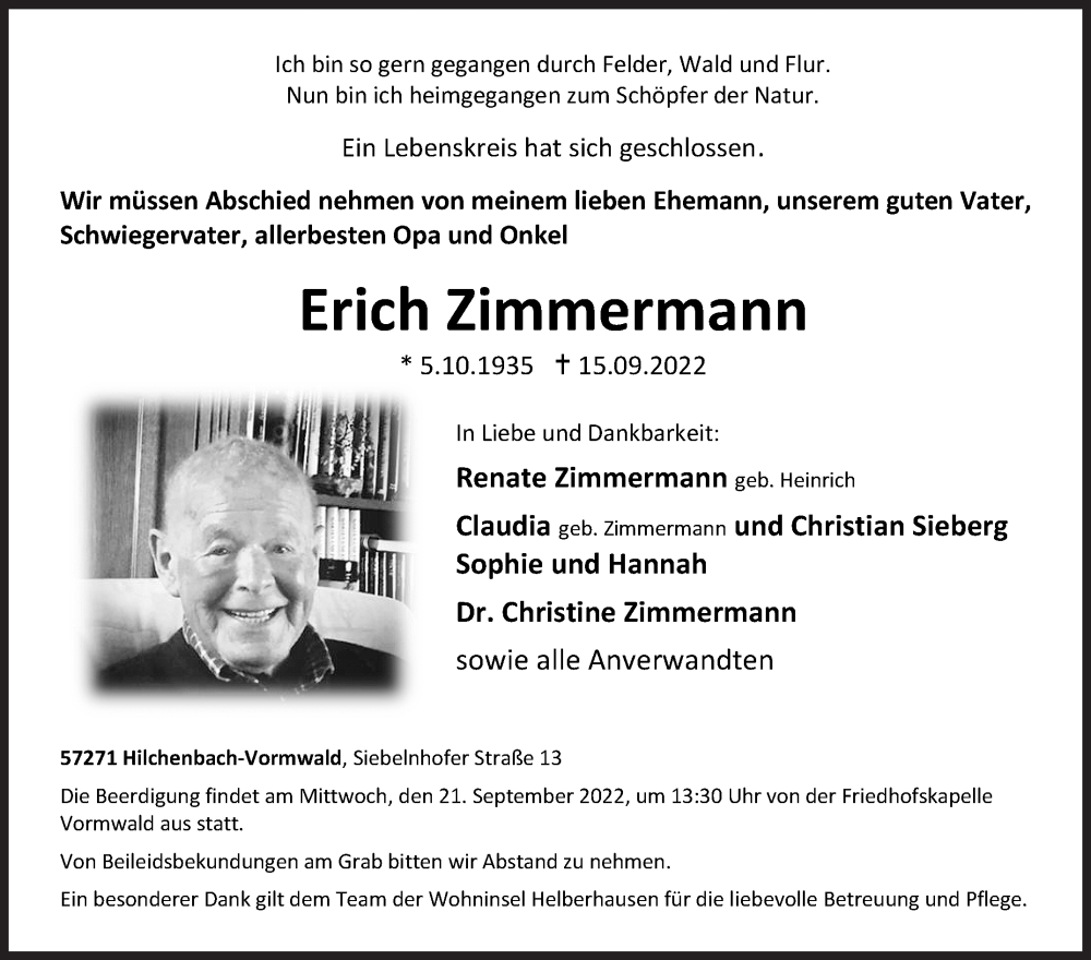  Traueranzeige für Erich Zimmermann vom 19.09.2022 aus Siegener Zeitung