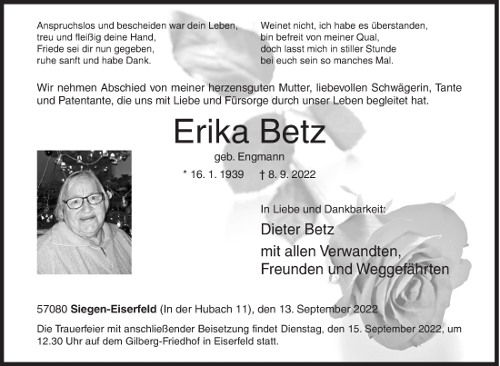 Traueranzeige von Erika Betz von Siegener Zeitung